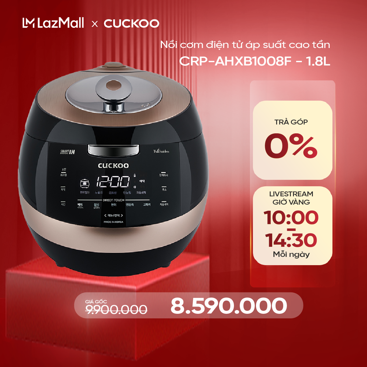 Nồi cơm điện tử áp suất cao tần Cuckoo 1.8L CRP-AHXB1008F - Lòng nồi phủ men Xwal độc quyền - Bảng đ