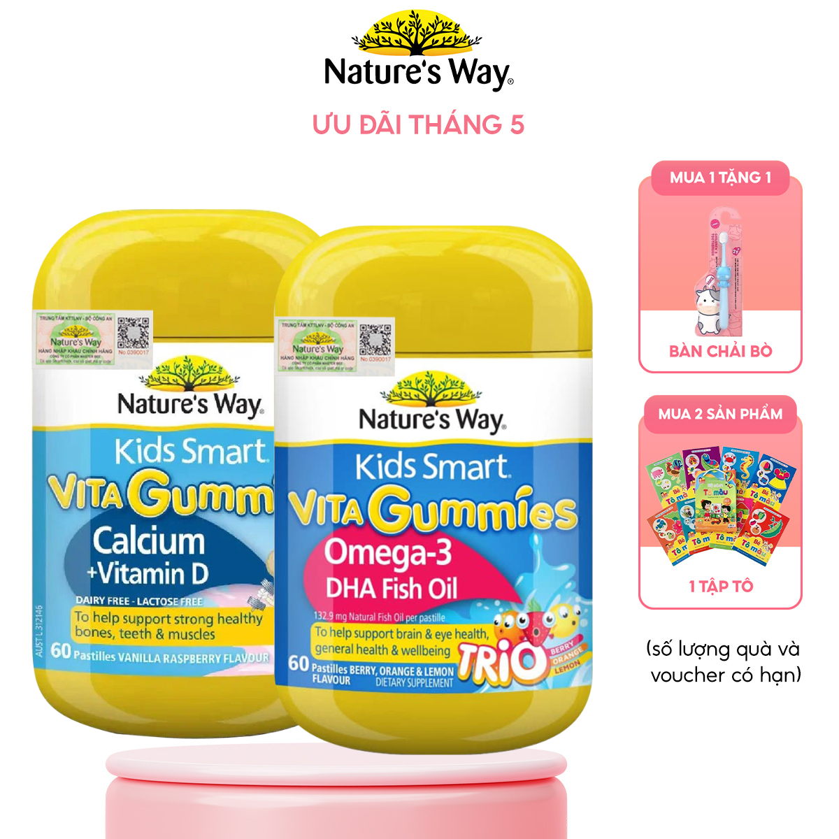 Combo Vita Gummies Calcium + Vitamin D Và Vita Gummies Omega-3 DHA Fish Oil 60v/hộp Combo Kẹo Vitamin Cho Bé Nature’s Way Kids Smart
