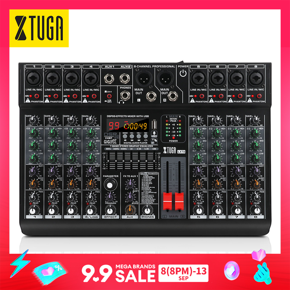 Xtuga LXT8 Dj Mixer 8 Kênh Đa Năng Chuyên Nghiệp Bộ trộn âm thanh Hỗ Trợ Bluetooth/USB/MP3 Phát Lại 