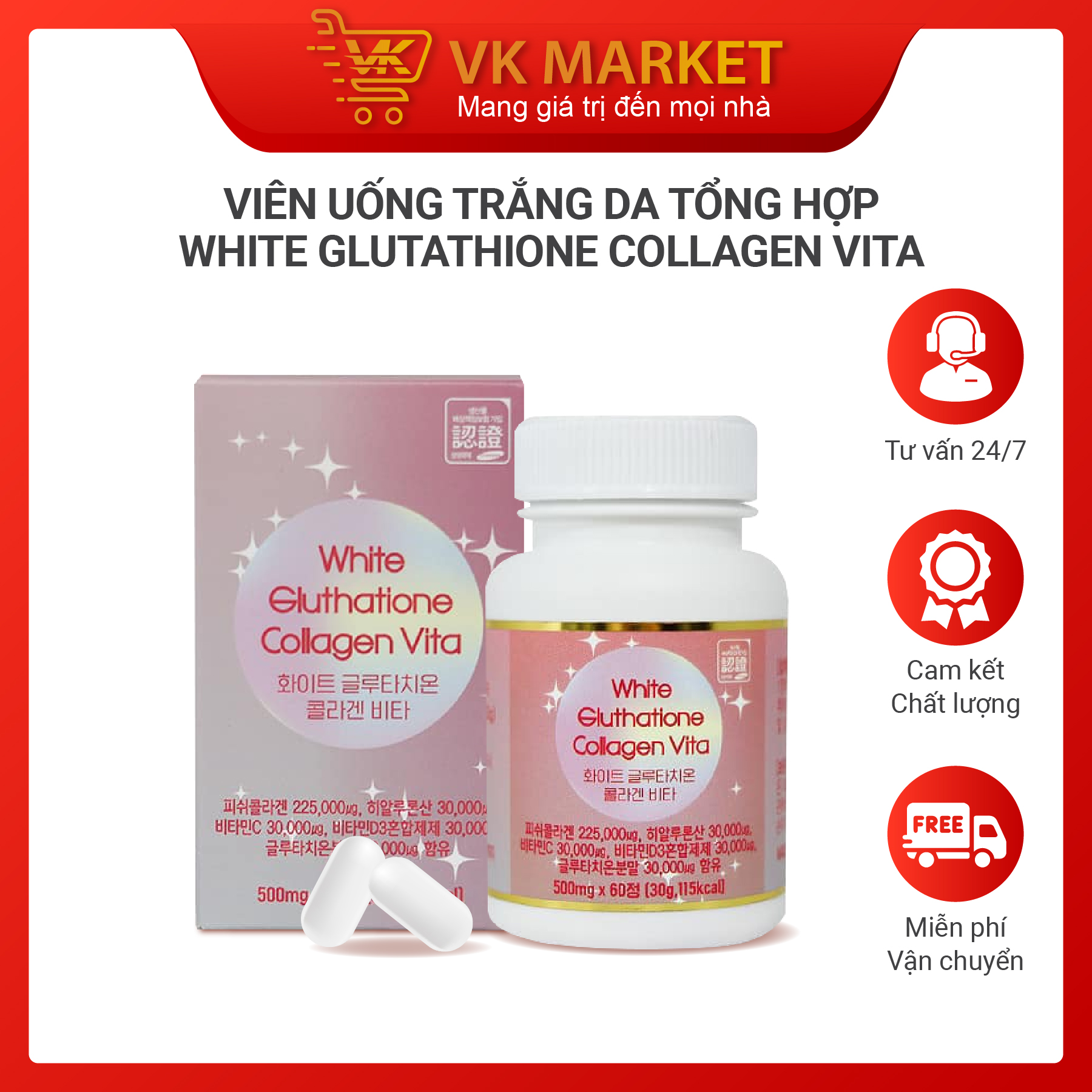 Viên Uống Trắng Da Tổng Hợp White Glutathione Collagen Vita ( 60 viên ) - VK