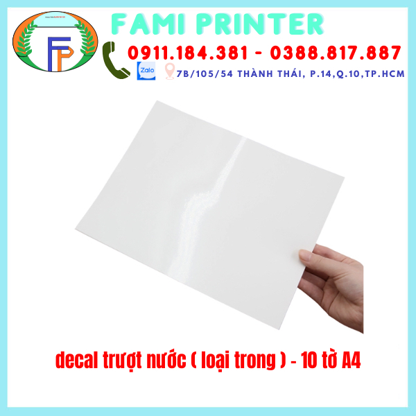 GIẤY IN ảnh GIẤY Decal Trượt Nước ( Loại Trong ) - 10 Tờ A4