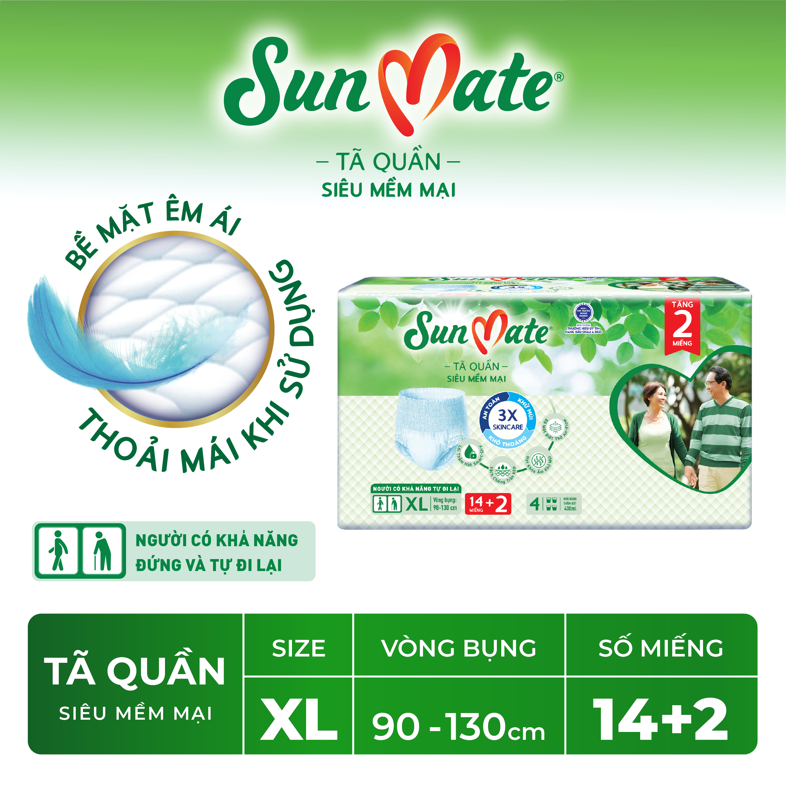 Combo 2 Tã quần người lớn SunMate mềm mại size M18/L16/XL14 + 2 miếng