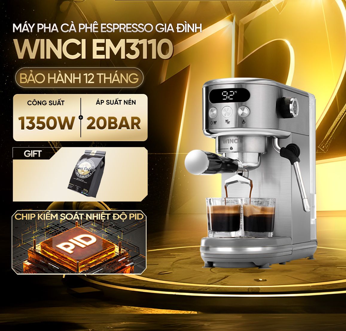 Máy pha cà phê Espresso Winci EM3110, 1.8L, Xám, Kích thước nhỏ gọn