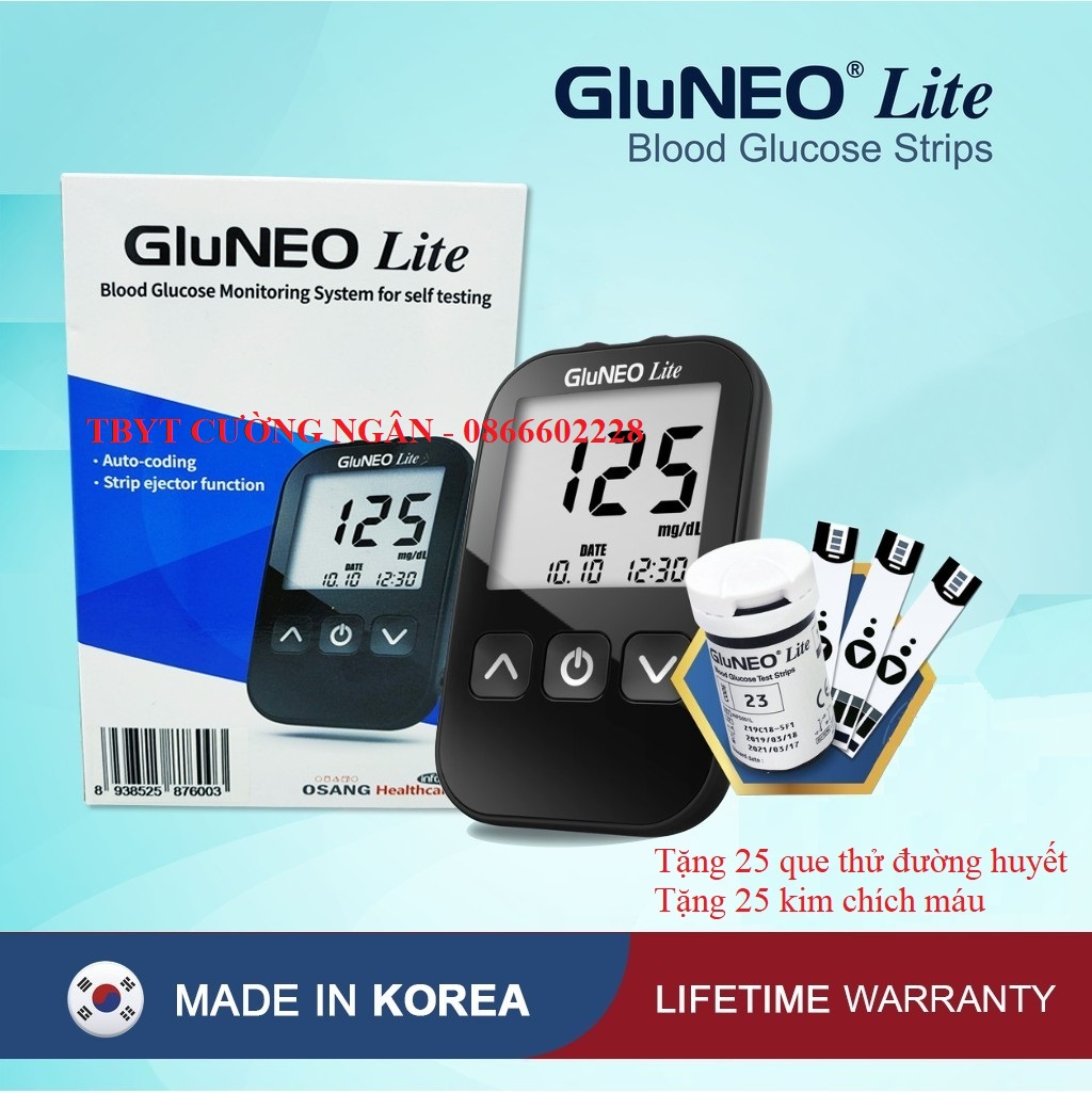 Máy Đo Đường Huyết Gluneo Lite - Tặng Kèm 25 Que Thử Đường Huyết 25 Kim Chích Máu ( Sản Xuất Và Nhập Khẩu Tại Hàn Quốc)