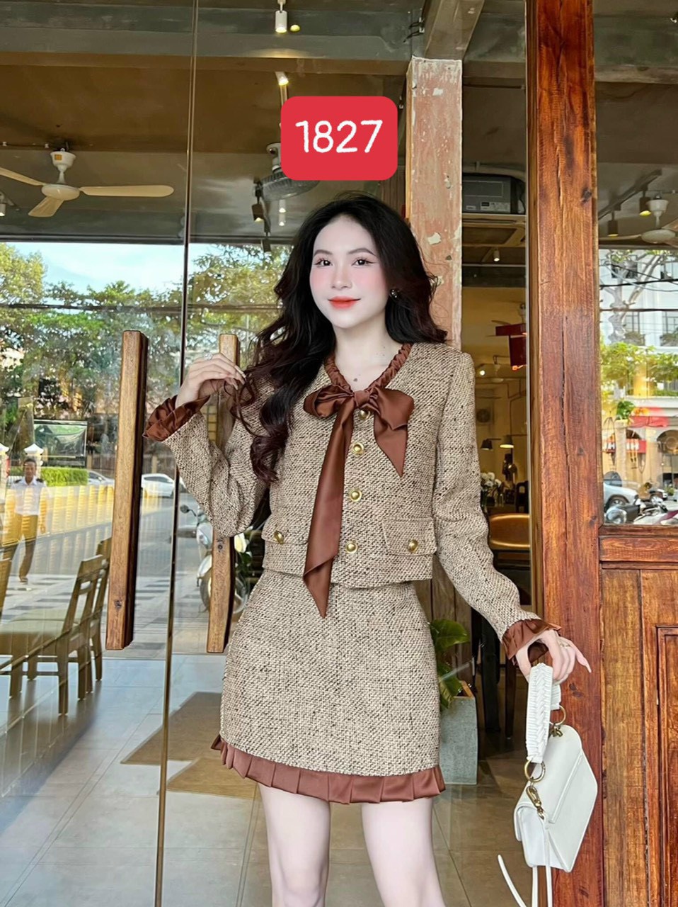 Set bộ đi chơi chất bố thiết kế tay dài mix chân váy chữ A Set bộ bố thanh lịch đi chơi áo dạ tay dà