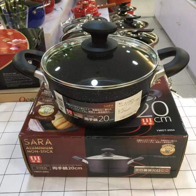 Nồi Đá Chống Dính Nhật 20CM 22cm dùng cho tất cả bếp - Nồi vân đá có quai cầm bằng gỗ nắp kính sang 