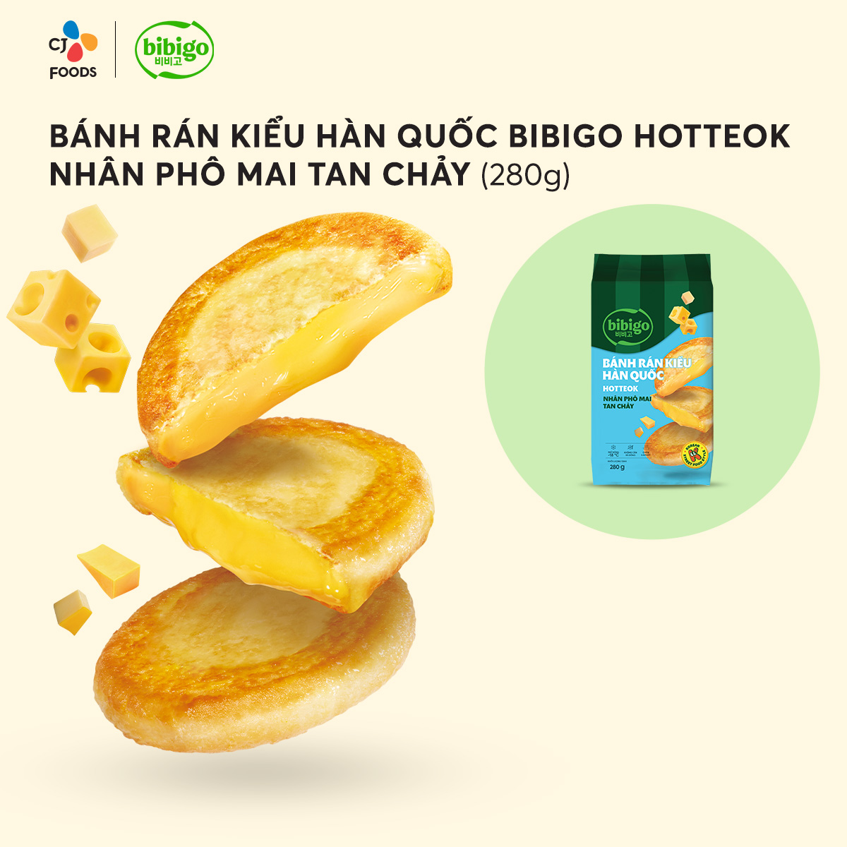 [HCM-HN] Bánh rán Hàn Quốc Hotteok bibigo - nhân Phô mai tan chảy Cheese Mix 280g (4 bánh to nhân đầ