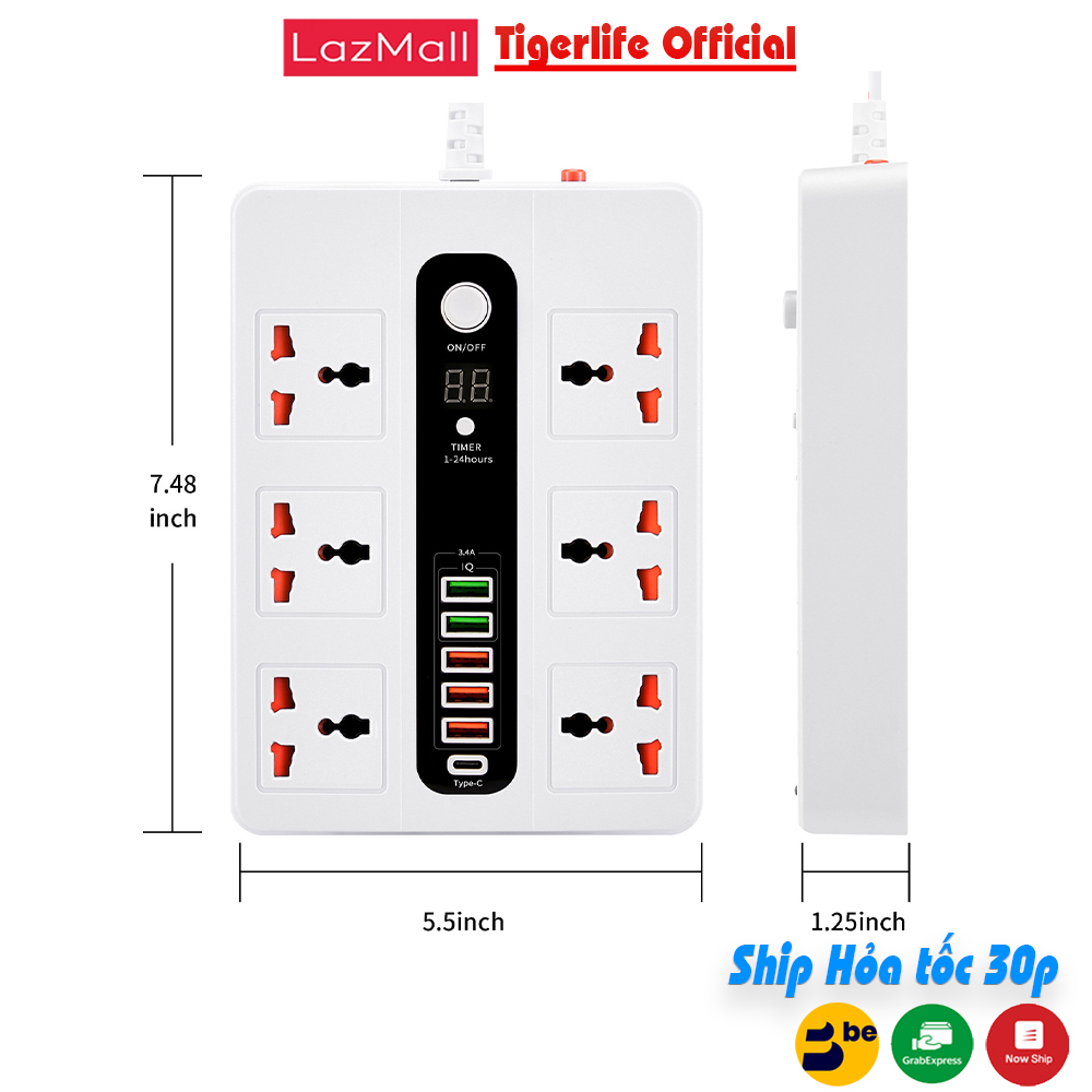 Ổ cắm điện đa năng Tigerlife PKL11 6 Có hẹn giờ Ổ cắm 5 Cổng usb sạc nhanh 1 Cổng sạc PD 20w Chịu tả