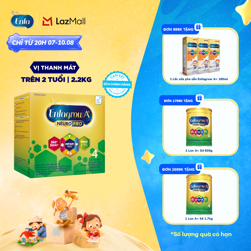 [CHỈ TỪ 20H 07/08-10/08 MUA LÀ CÓ QUÀ] Sữa bột Enfagrow A+ NeuroPro 4 2.2kg với DHA giúp phát triển não bộ cho trẻ từ 2-6 tuổi