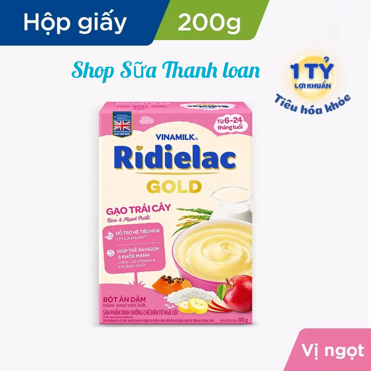 Bột Ăn Dặm VINAMILK RIDIELAC GOLD Gạo Trái Cây 200g.
