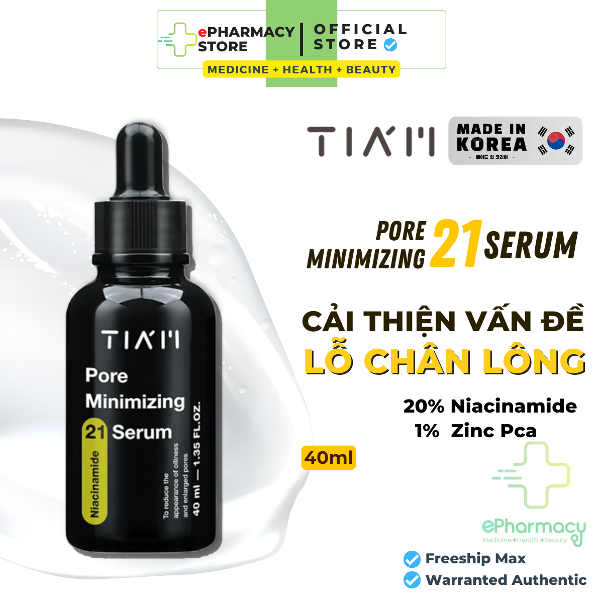 Serum Tiam Niacinamide 20% + Zinc 1% Tiam Pore Minimizing 21 Serum 40ml - Tinh chất Tiam Kiểm Soát D