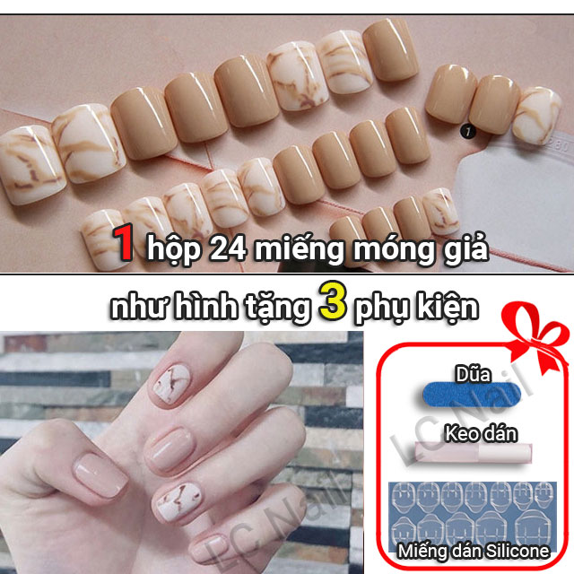 Móng Tay Giả Vân Đá R027 Set 24 Móng + Nhiều Quà Tặng - Móng Vuông Học Sinh Cute - Lc Nail