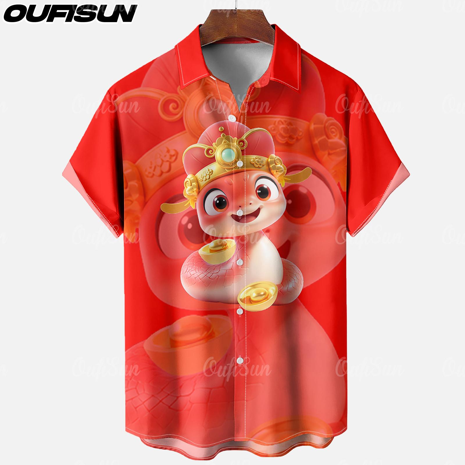 Áo sơ mi năm mới màu đỏ năm mới hoạt hình dễ thương in họa tiết con rắn áo sơ mi nam ngắn tay đẹp tr