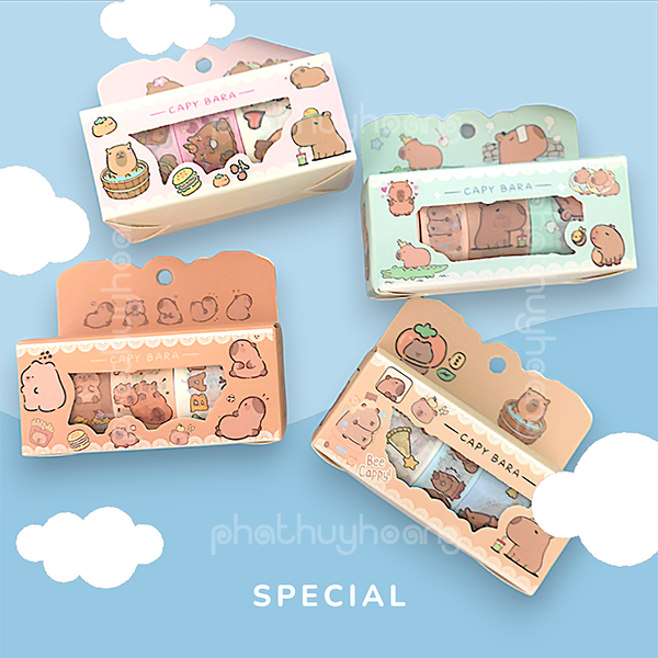 Hộp 4 cuộn sticker hoạt hình washi tape Capybara cực cute dễ thương  Sticker capybara  chuột lang nư