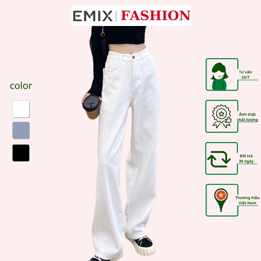 Quần jean đi học EMIX (3 màu) ulzzang dáng dài 90cm cạp cao ống suông rộng có đai túi chất jean mềm nhẹ