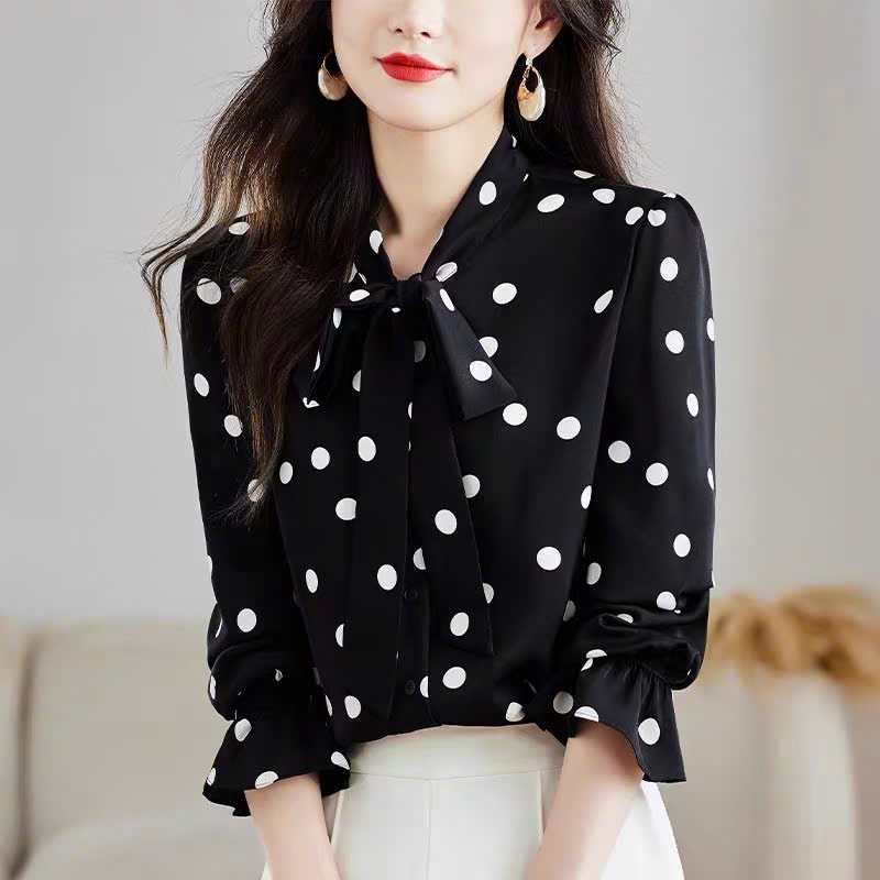 Áo sơ mi chấm bi cổ nơ sang trọng - HN0325
