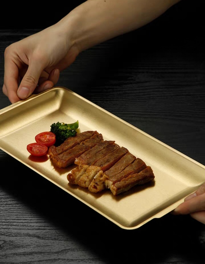 Dĩa chữ nhật inox mạ vàng đựng thực phẩm (khay đựng thịt nướng) phong cách Hàn Quốc