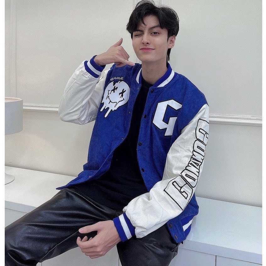 Áo khoác bomber Jacket varsity Gonz nam nữ Form rộngnhung tăm phong cách cá tính