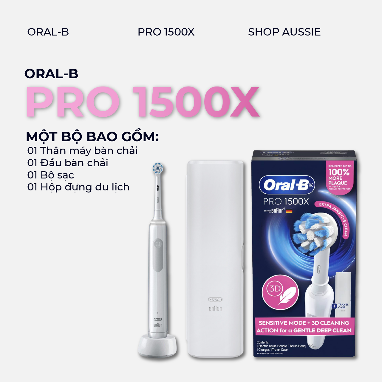 Bàn Chải Điện Oral-B Pro 1500 Kèm Hộp Du Lịch - Tích Hợp Cảm Biến Lực 2 Chế Độ Làm Sạch Công Nghệ 3D