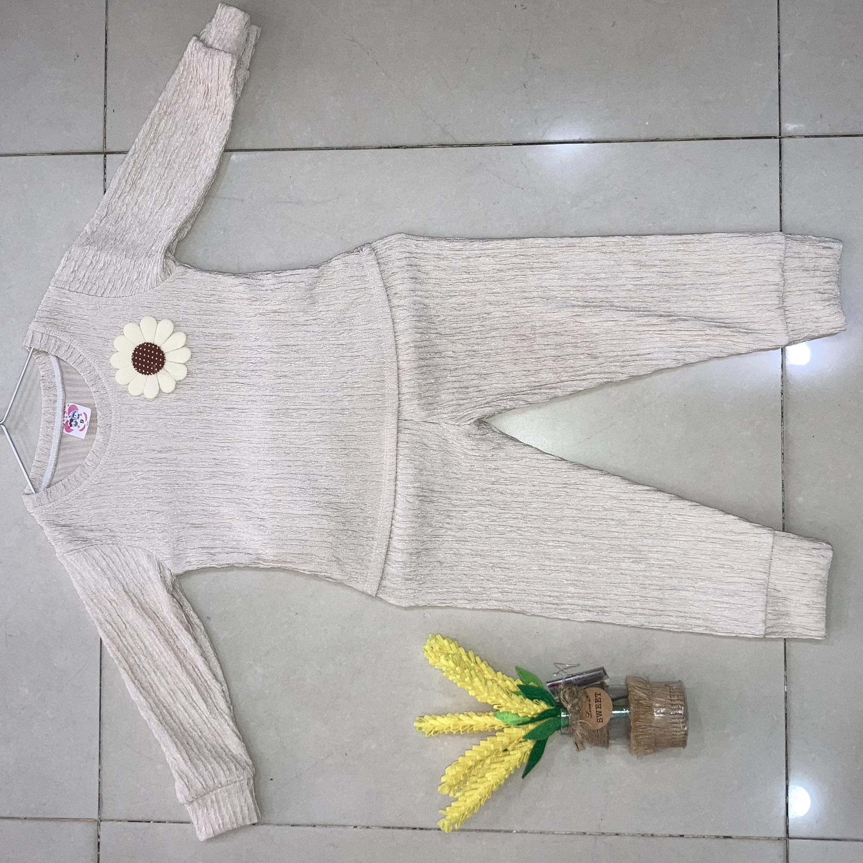 [8-18kg] Đồ bộ vải tay dài đính hoa vải xốp cho bé gái ngủ điều hòa chống mũi đi chơi đi học (TT058)