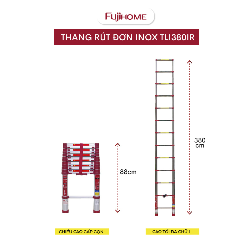 Thang inox rút đơn gấp gọn 38M - 55M  Nhập khẩu chính hãng FUJIHOME thang rút xếp gọn gia đình đa nă