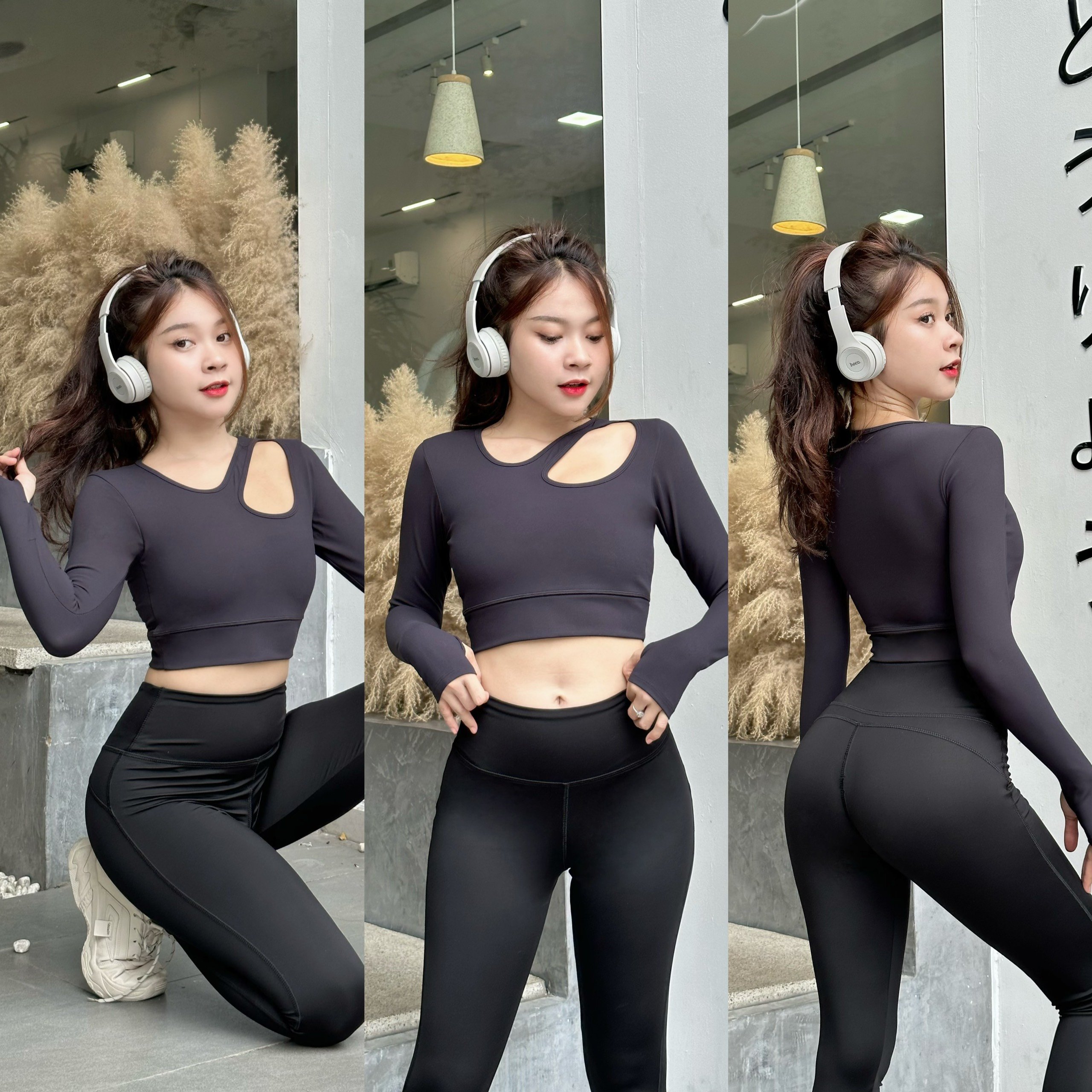 Áo Thể Thao Croptop Nữ Tay Dài Khoét Vai Tập Gym Yoga Tay Dài Có Mút Ngực Có Xỏ Ngón-(Ao20)