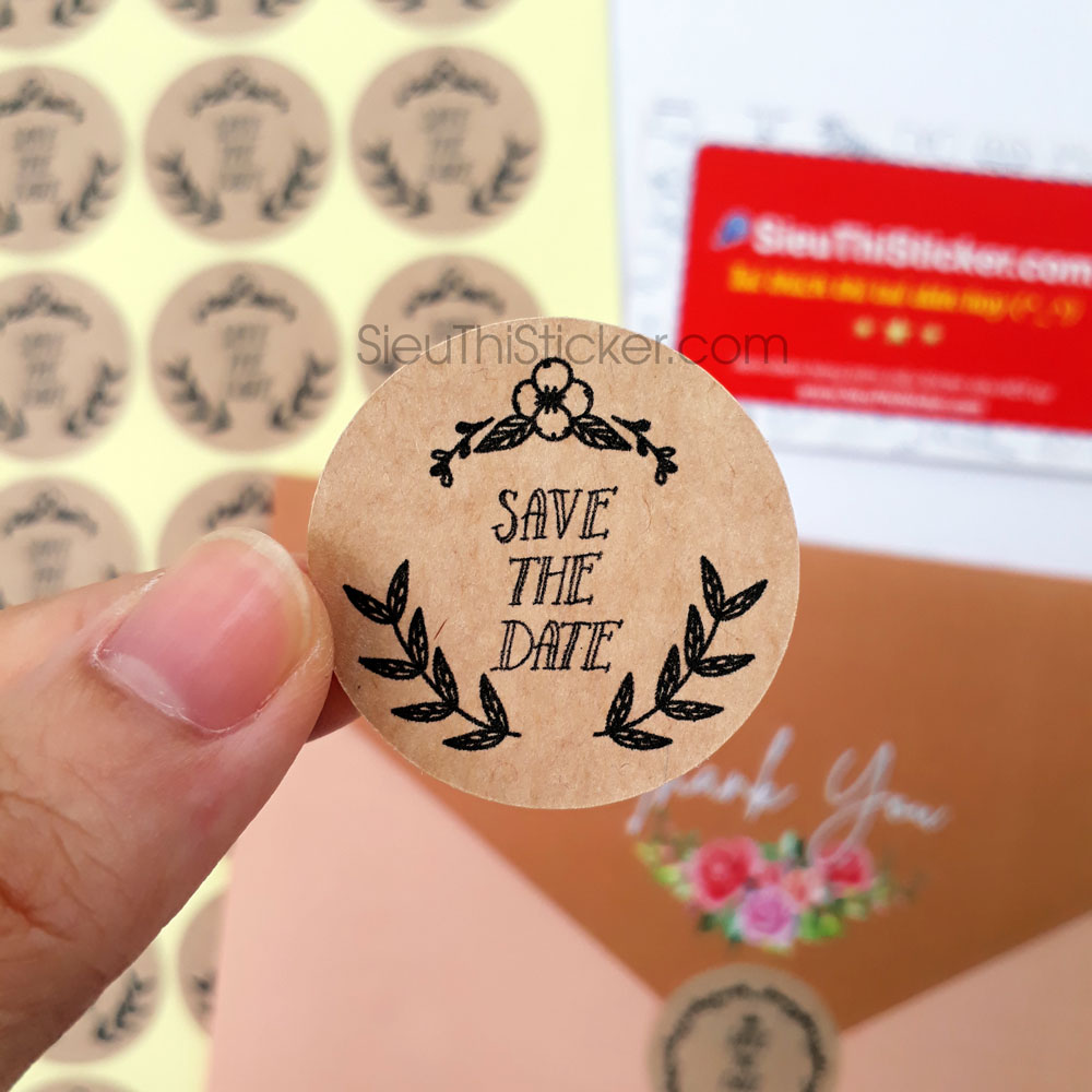 Tem dán niêm phong thiệp cưới thiệp báo hỷ mẫu tròn giấy kraft Save the date kích thước 3.2cm