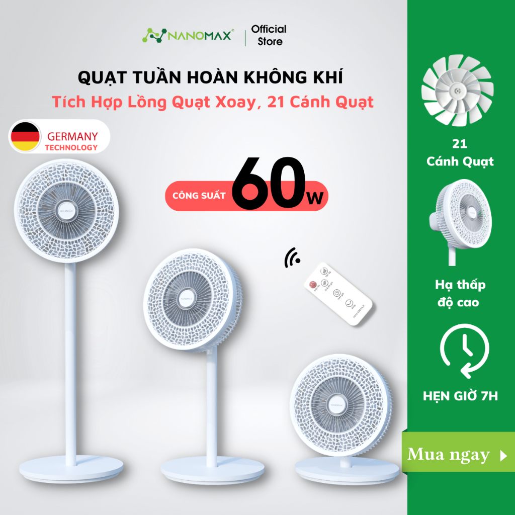 Quạt Cây Đứng NANOMAX QN-08 Điều Khiển Từ Xa Công Suất 60W Tuỳ Chỉnh Độ Cao 6 Tốc độ Tuần Hoàn Không