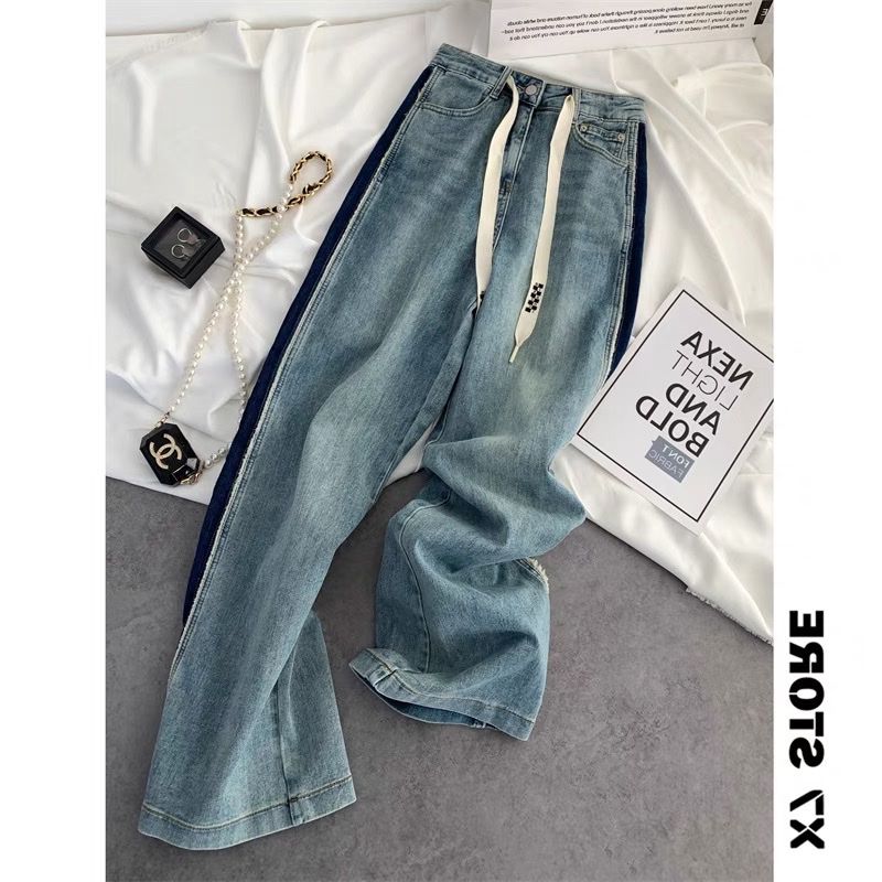 Quần Jean nữ ống rộng suông rêu phối xanh  phong cách Ulzzang hàn quốc - Quần Jeans suông hàng cao cấp GM25