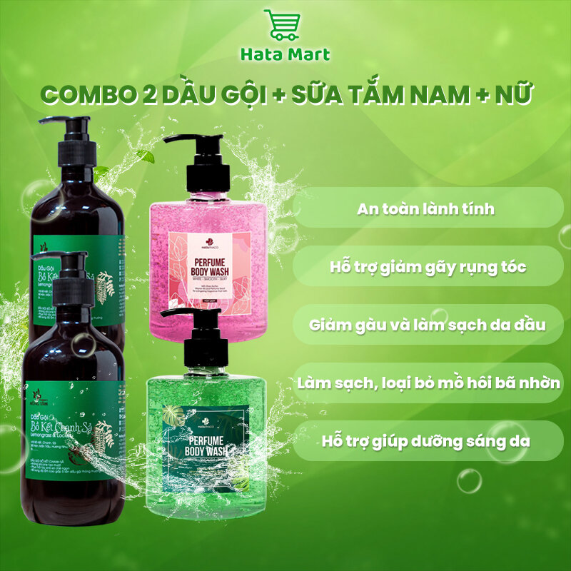 COMBO Sạch - Thơm - Sang (Dầu gội bồ kết chanh sả 500ml + Sữa tắm nước hoa HATA 500ml)