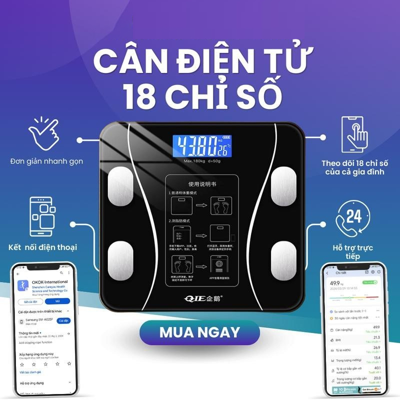 Cân Điện Tử sức khoẻ Kết Nối Bluetooth Phân Tích 18 Chỉ Số Cơ Thể chính xác cao tiện lợi cho gia đìn