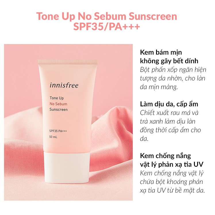 Kem chống nắng Innisfree Tone Up No Sebum Sunscreen SPF35/PA+++ (50ml) chiết xuất từ các thành phần tự nhiên không gây kích ứng cho da an toàn cho người sử dụng