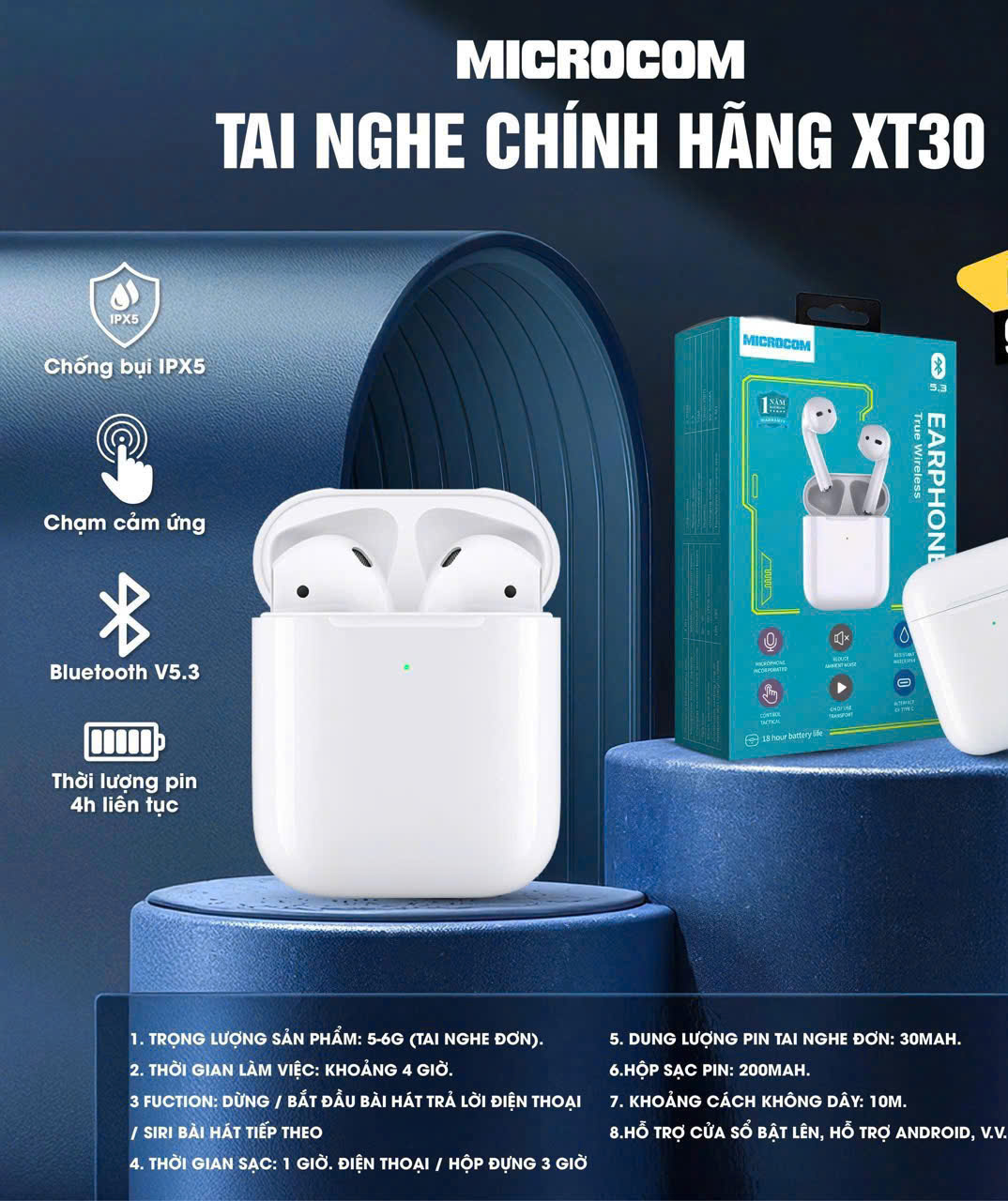 Tai nghe bluetooth XT30 microcom âm thanh to pin 3-4h liên tục