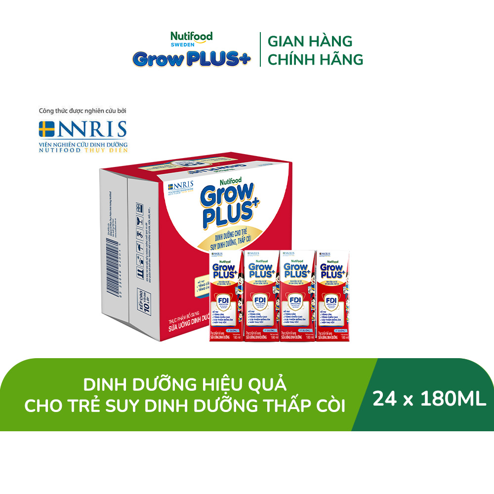 Thùng 24 hộp Sữa Nước Pha Sẵn Nutifood GrowPLUS+ Suy Dinh Dưỡng (Đỏ) - Hỗ trợ tăng cân tăng chiều cao Ít đường 180ml - Trên 1 tuổi (Bao bì tùy đợt nhập hàng)
