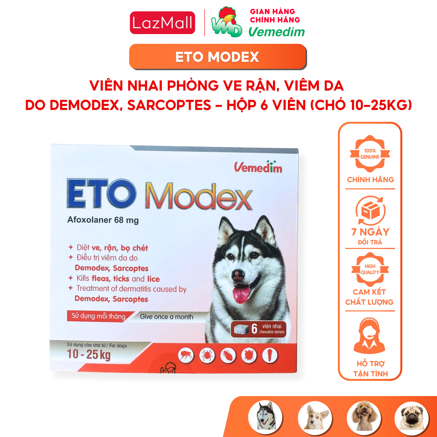 Vemedim ETO Modex - Diệt ve rận bọ chét viêm da do Demodex Sarcoptes cho chó hộp 6 viên