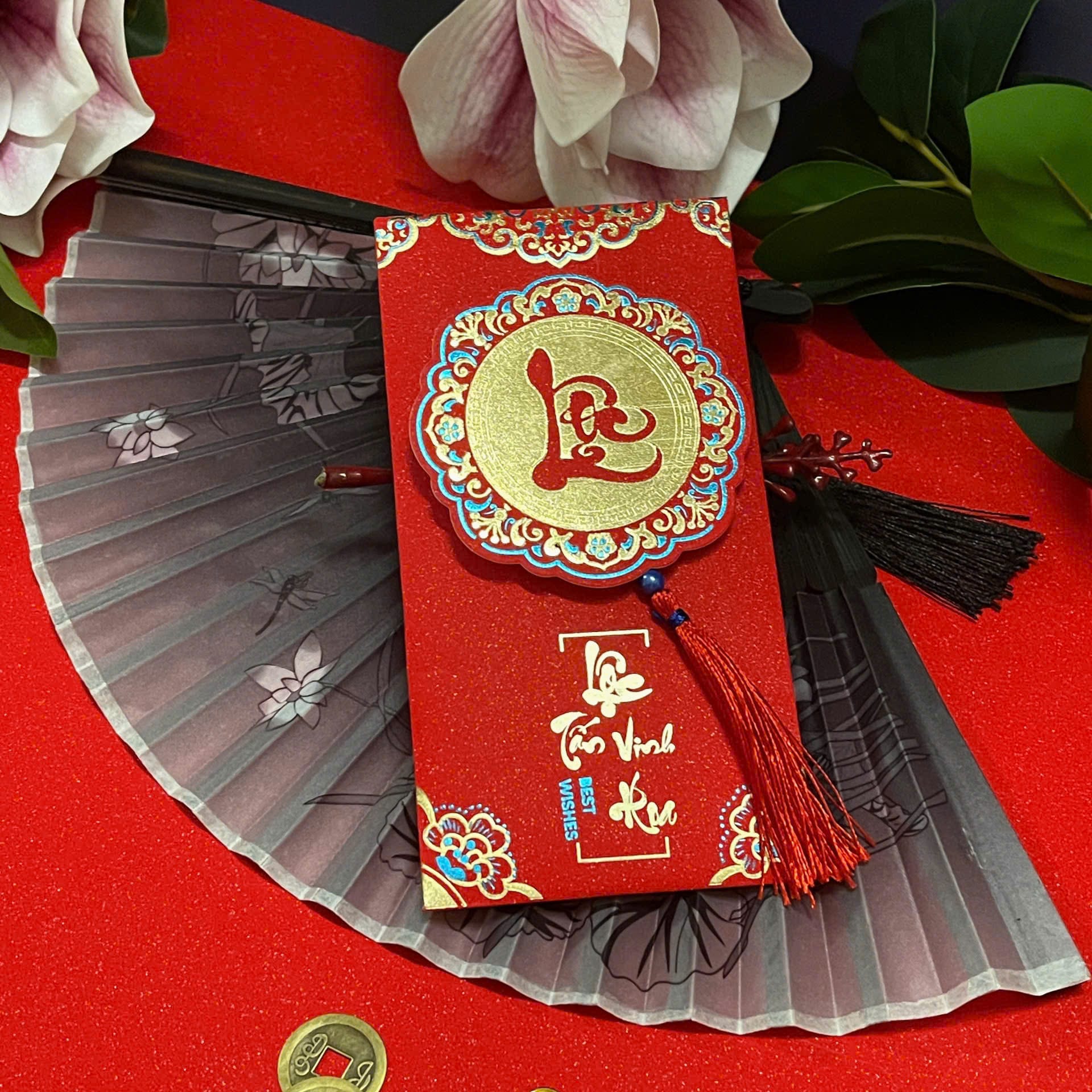 Combo 5 10 Bao Lì Xì Tết 4D Kim Tuyến In Nổi Kèm Dây Tua Rua Phong Bao Lì Xì Đỏ Cao Cấp- BEYOU pcs