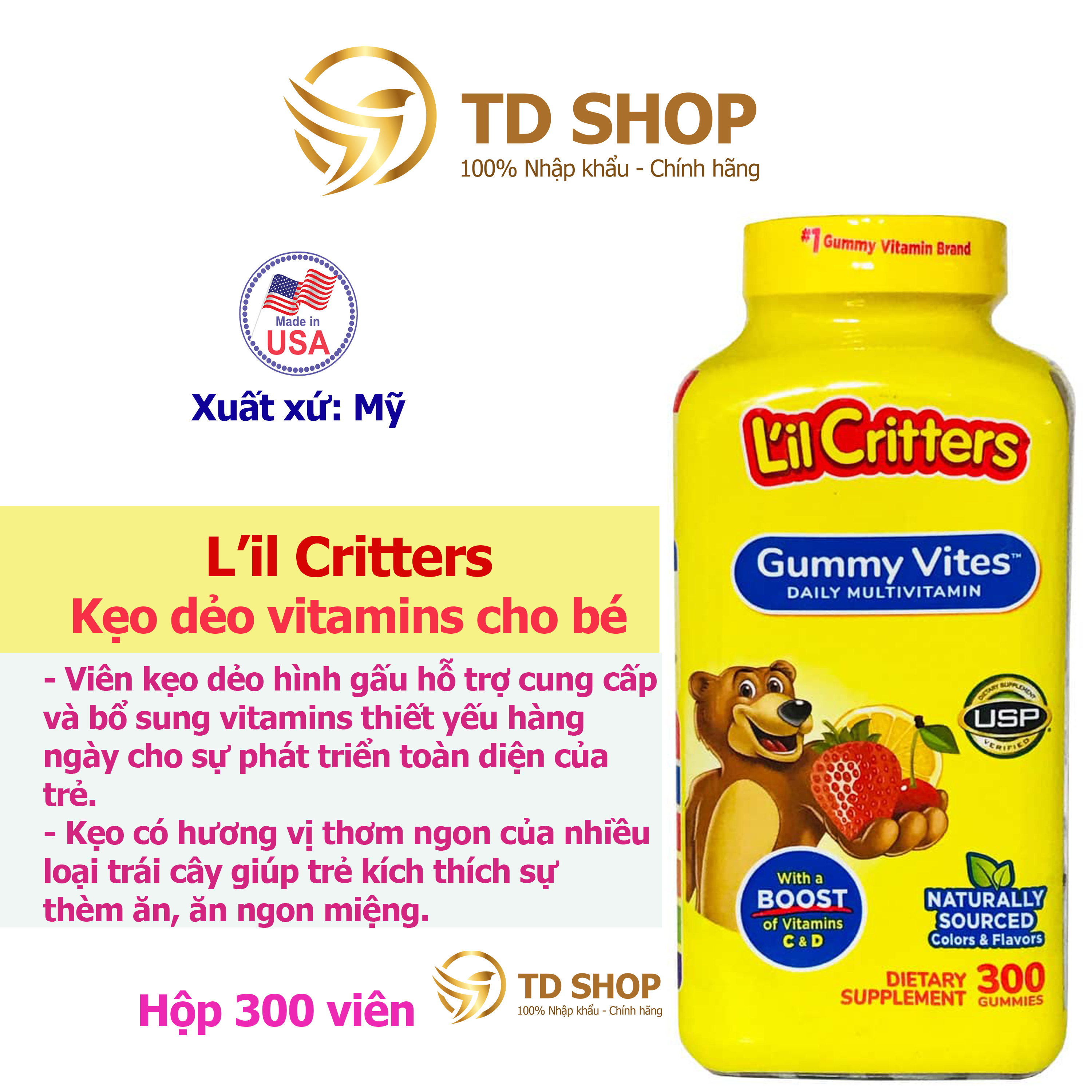 [NK Mỹ] Kẹo Dẻo Lil Critter Gummy Vites Complete Multivitamin 300 viên - TD Shop