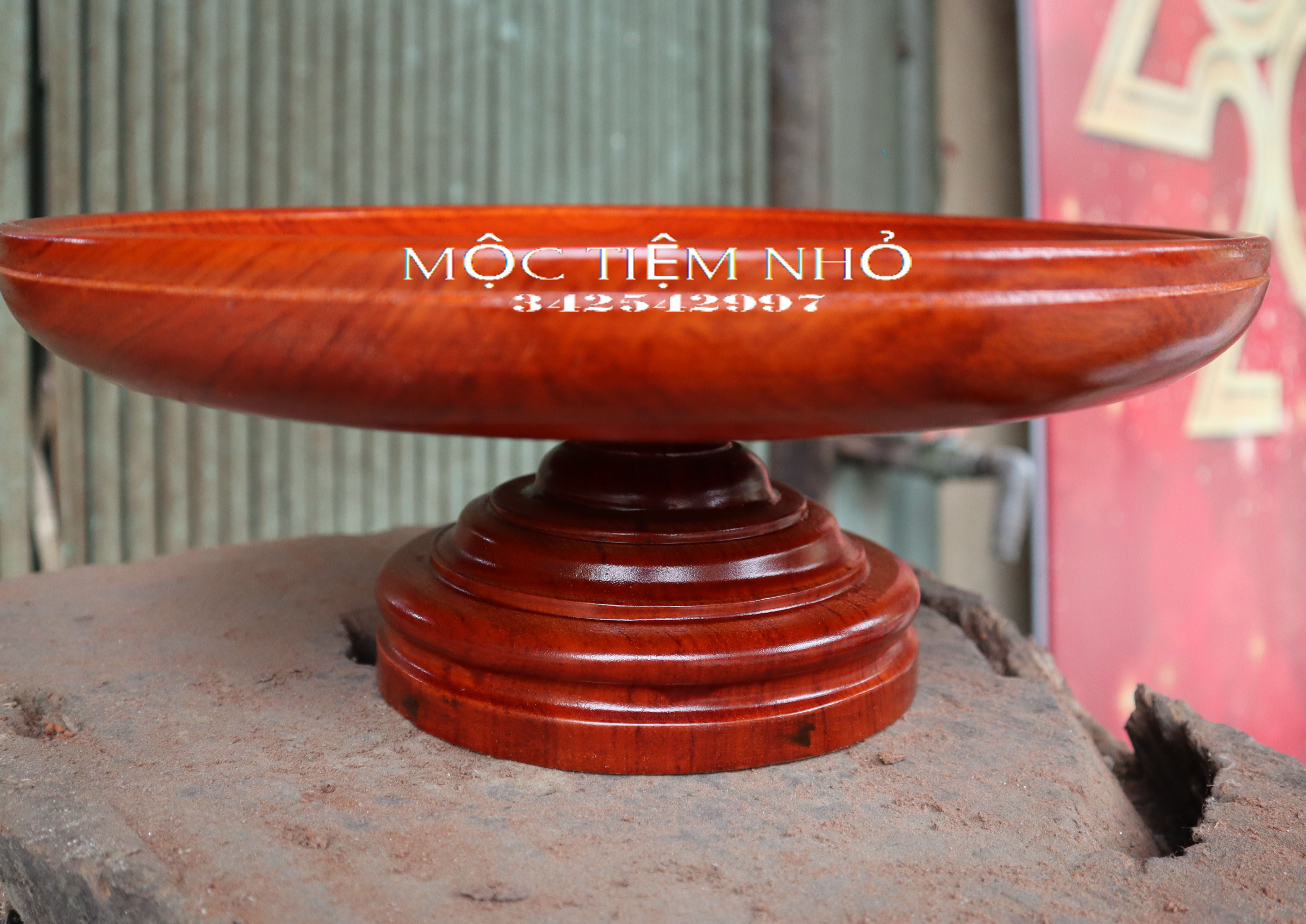 Mâm bồng đĩa gỗ nguyên khối đựng hoa quả thờ gỗ hương đá