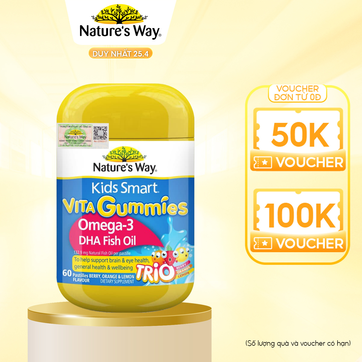 Kẹo Dẻo Cho Bé Natures Way Kids Smart Vita Gummies Omega-3 DHA Fish Oil Tăng Cường Trí Thông Minh Cho Bé Hộp 60 viên