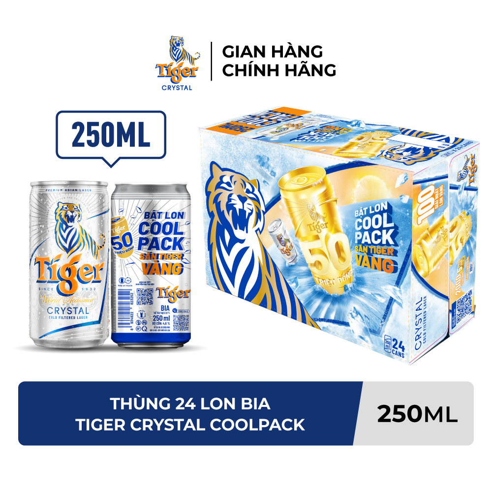 Thùng 24 lon bia Tiger Crystal Coolpack 250ml/lon - Săn Tiger Vàng