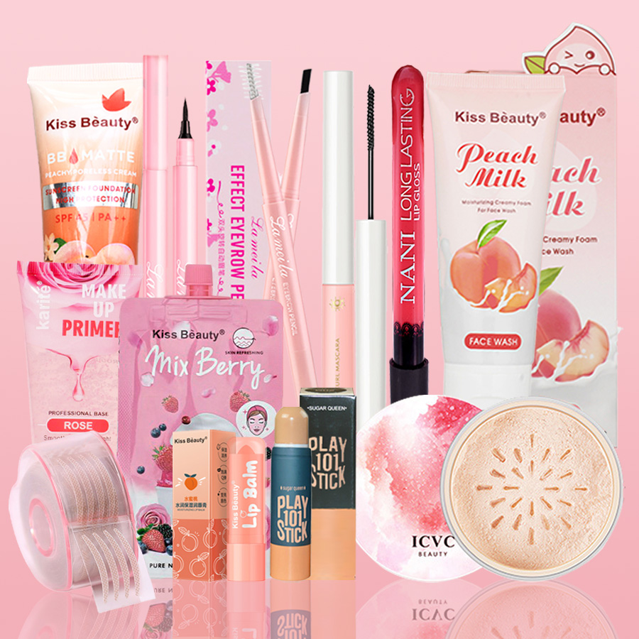 [Hcm][Peachy Sis] Bộ Mỹ Phẩm Hoàn Chỉnh Kiss Beauty(Sữa Rửa Mặt + Kem Dưỡng Ẩm + Kem Bb + Phấn Trang Điểm Bột + Chì Kẻ Mày + Mascara + Kẻ Mắt + Miếng Dán Mí Mắt 2 Mí + Son Dưỡng Môi +Lip Glaze +Viền Bóng+ Mặt Nạ)