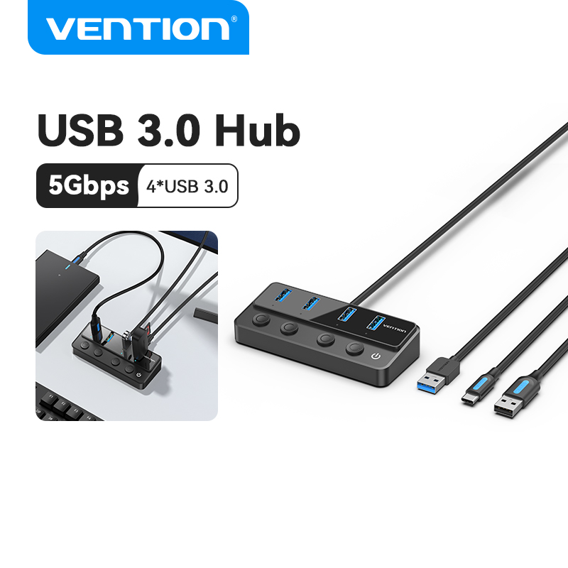 Vention USB 3.0 HUB 5Gbps 4 Cổng Chia USB with Individual Power Switches Cáp USB 2.0 Type C to USB A