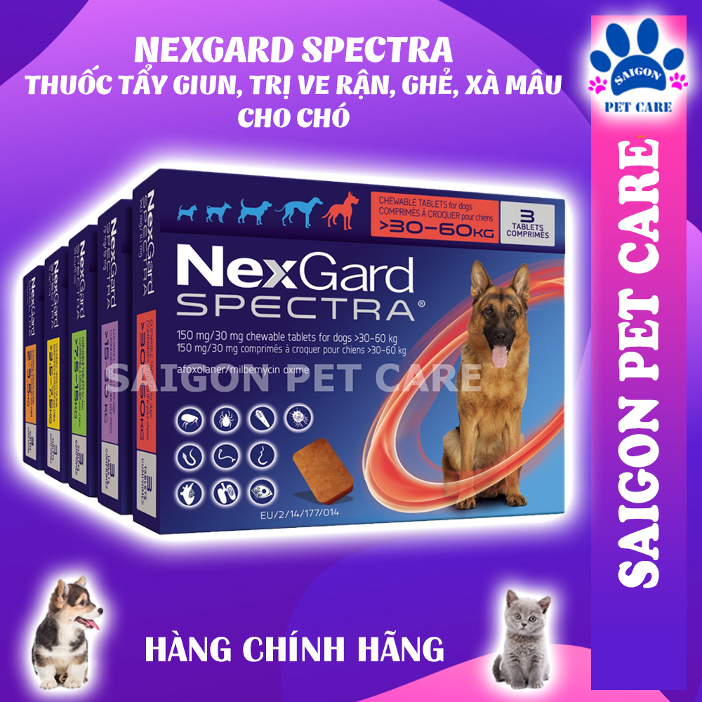 Nexgard Spectra phòng ngừa và trị ve rận ghẻ bọ chét giun sán cho chó (1 viên)
