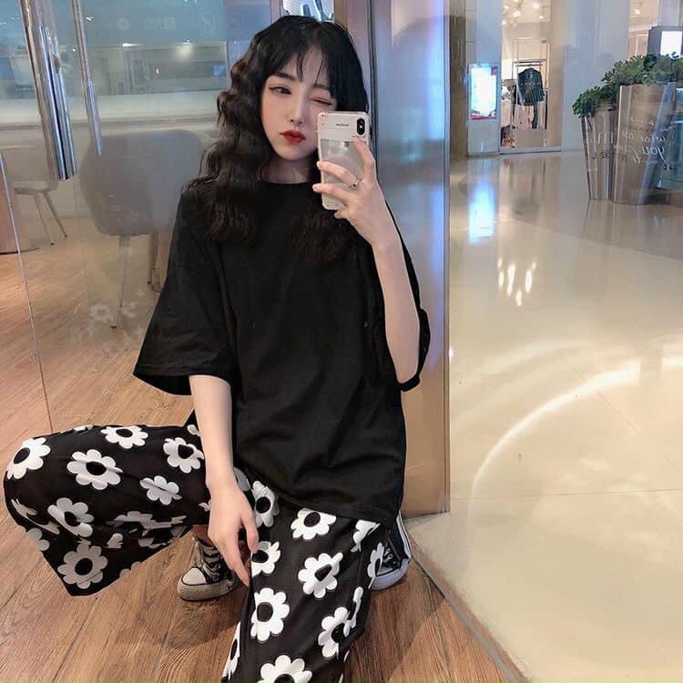 Đồ Bộ Dài Coton  Quần Hoa Ống Rộng + Áo Đen Trơn Phong Cách Cute Hàn Quốc Hot Trend  Đồ Bộ Nữ Mặc Nh