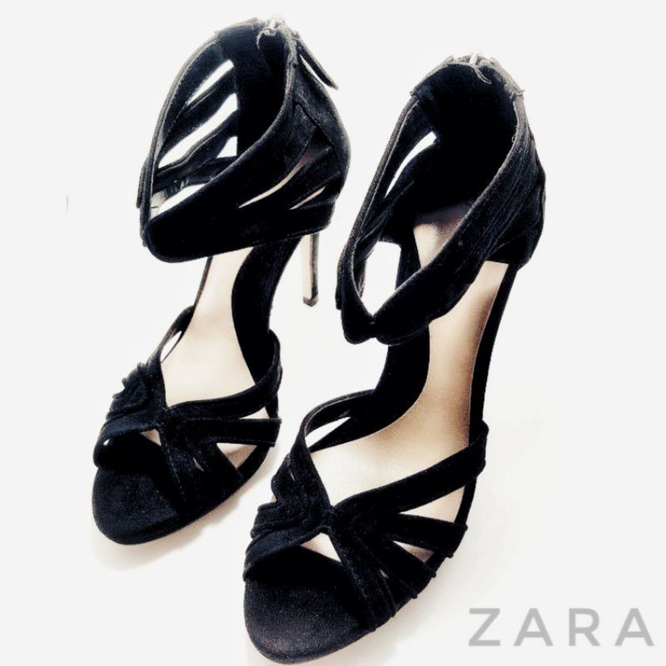 Giày cao gót sandal da lộn đen 12cm ZARA