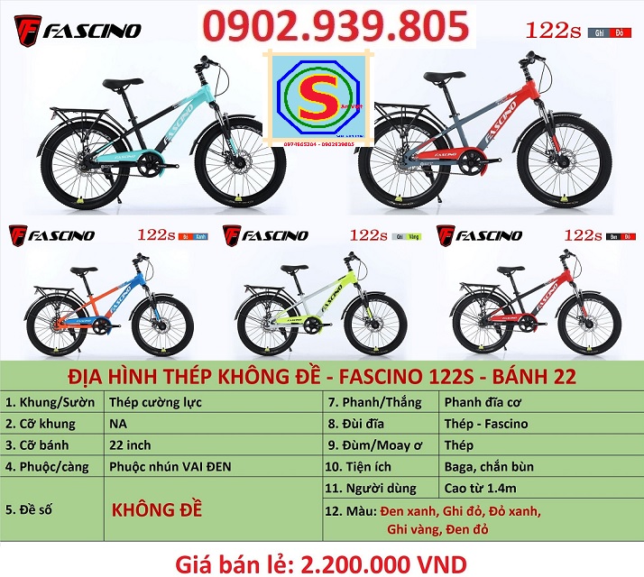 [LIÊN HỆ KHUYẾN MÃI SÂU] Xe đạp trẻ em Fascino 122s địa hình 1 líp thắng dĩa 22 inch