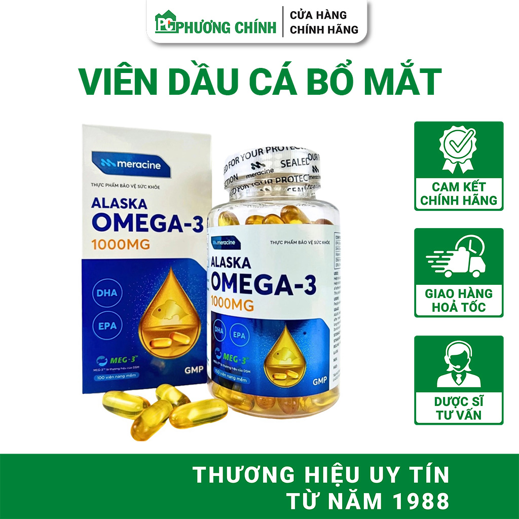 Viên Uống Dầu Cá Omega 3 Alaska Meracine Hỗ Trợ Cải Thiện Thị Lực Bảo Vệ Tim Mạch 100 Viên/Hộp