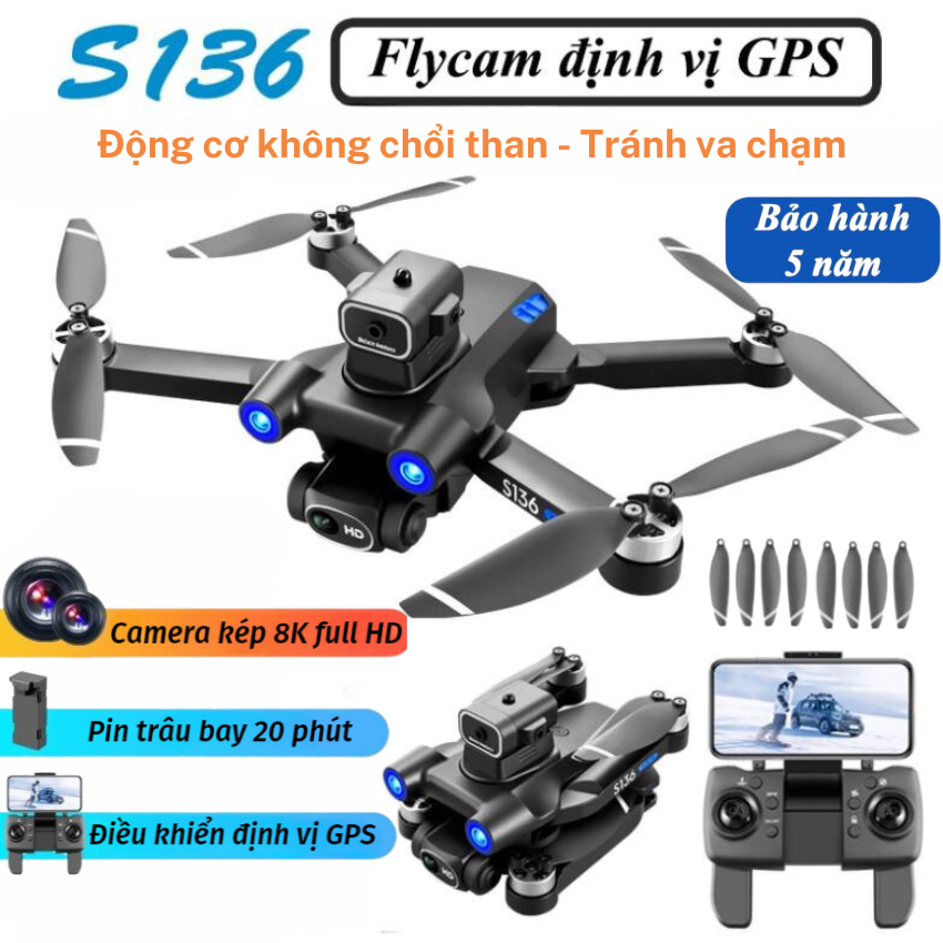 Flycam có camera 4K Drone mini S136 Máy bay flycam điều khiển từ xa Flycam mini giá rẻ 2 camera định vị GPS động cơ không chổi than cảm biến chống va chạm