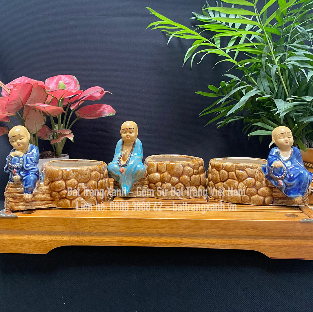 Chậu tượng Chú Tiểu mini gốm Bát Tràng trồng bonsai cây cảnh để bàn trồng cây cảnh - Chậu tượng mini