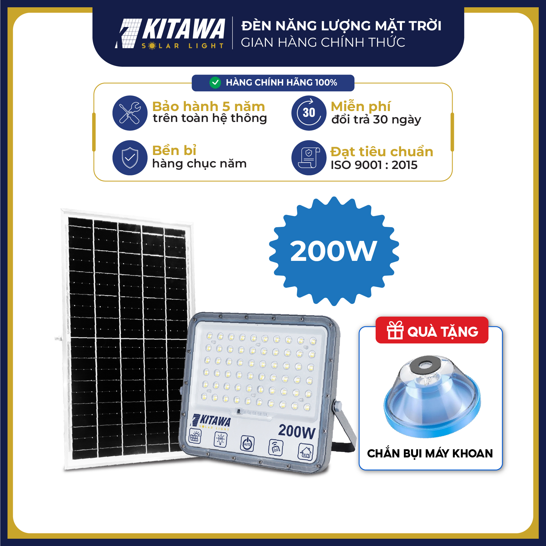 [VOUCHER 10%] Đèn Pha Năng Lượng Mặt Trời 200W Siêu Sáng Mắt Ngọc Tiết kiệm Chống Nước IP67 KITAWA - DP15.200 - Sản Phẩm Chính Hãng